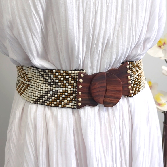 ✨2X HP✨ Boho Tribal Arrow Elastic Stretchy Beaded Belt w/Wooden Hook Buckle - Picture 3 of 8